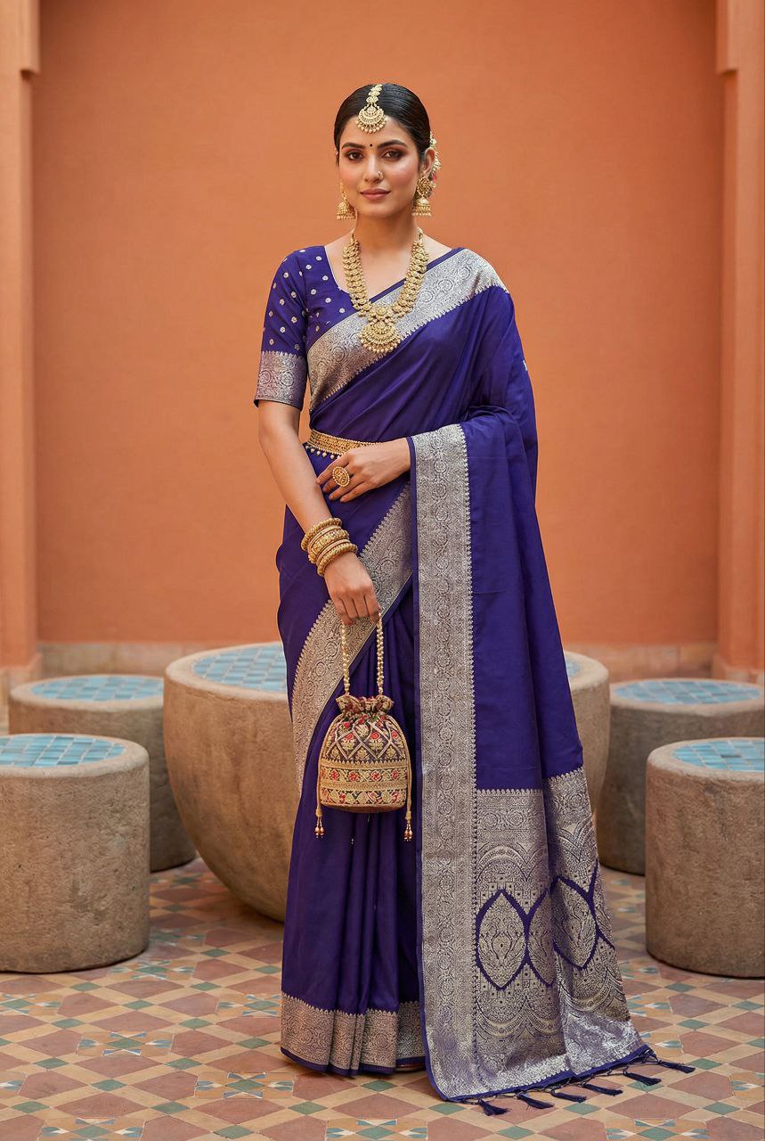 Mameraa Sarees Violet Soft Banarasi Silk Fabric Saree With Natural Zari Weaving In Gala Border-Violet