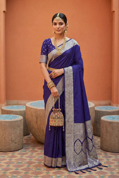Mameraa Sarees Violet Soft Banarasi Silk Fabric Saree With Natural Zari Weaving In Gala Border-Violet