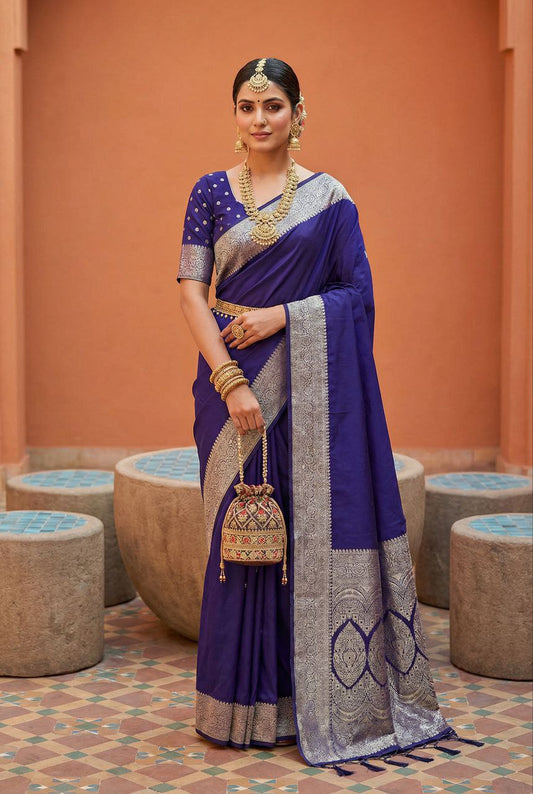 Mameraa Sarees Violet Soft Banarasi Silk Fabric Saree With Natural Zari Weaving In Gala Border-Violet
