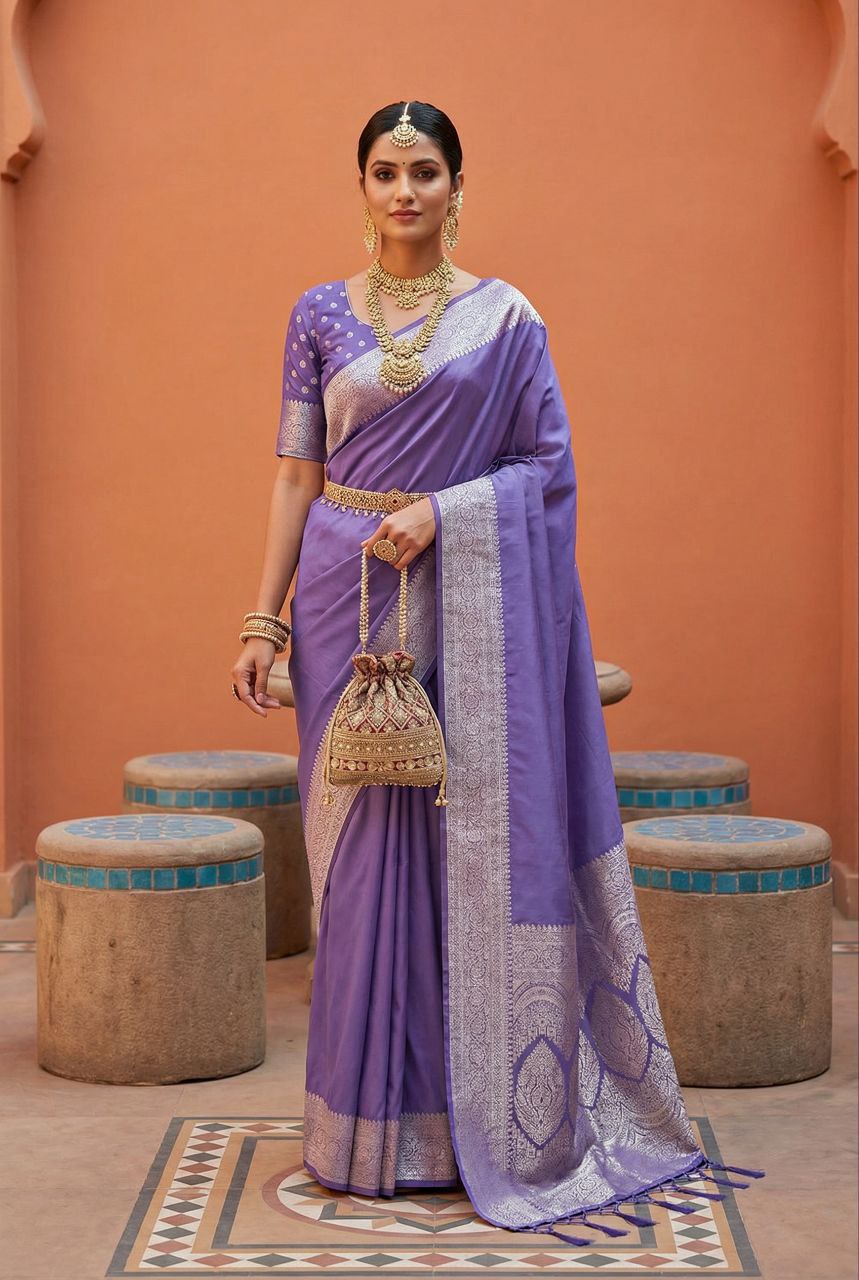 Mameraa Sarees Lavender Soft Banarasi Silk Fabric Saree With Natural Zari Weaving In Gala Border-Lavender