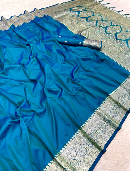 Mameraa Sarees Teal Soft Banarasi Silk Fabric Saree With Natural Zari Weaving In Gala Border-Teal