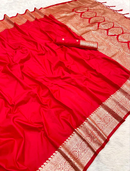 Mameraa Sarees Red Soft Banarasi Silk Fabric Saree With Natural Zari Weaving In Gala Border-Red