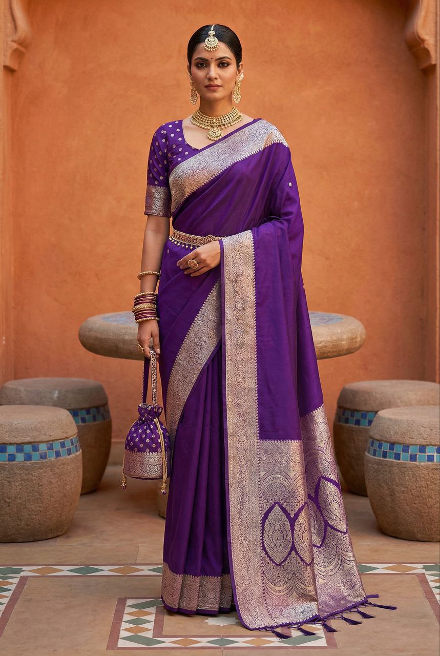Mameraa Sarees Purple Soft Banarasi Silk Fabric Saree With Natural Zari Weaving In Gala Border-Purple