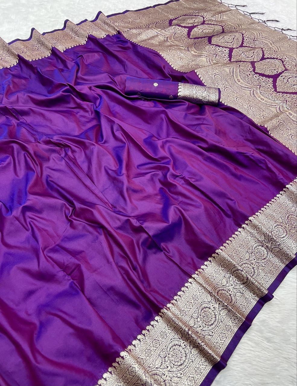 Mameraa Sarees Purple Soft Banarasi Silk Fabric Saree With Natural Zari Weaving In Gala Border-Purple