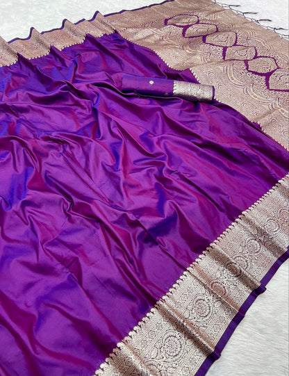 Mameraa Sarees Purple Soft Banarasi Silk Fabric Saree With Natural Zari Weaving In Gala Border-Purple