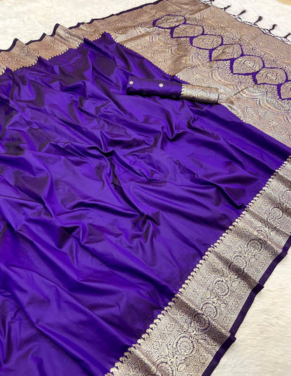 Mameraa Sarees Violet Soft Banarasi Silk Fabric Saree With Natural Zari Weaving In Gala Border-Violet