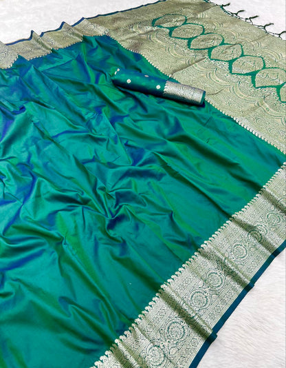 Mameraa Sarees Sea Green Soft Banarasi Silk Fabric Saree With Natural Zari Weaving In Gala Border-Sea_Green