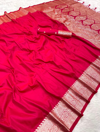 Mameraa Sarees Pink Soft Banarasi Silk Fabric Saree With Natural Zari Weaving In Gala Border-Pink
