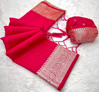 Mameraa Sarees Pink Soft Banarasi Silk Fabric Saree With Natural Zari Weaving In Gala Border-Pink