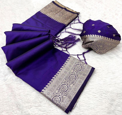 Mameraa Sarees Violet Soft Banarasi Silk Fabric Saree With Natural Zari Weaving In Gala Border-Violet
