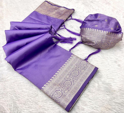 Mameraa Sarees Lavender Soft Banarasi Silk Fabric Saree With Natural Zari Weaving In Gala Border-Lavender