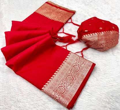 Mameraa Sarees Red Soft Banarasi Silk Fabric Saree With Natural Zari Weaving In Gala Border-Red