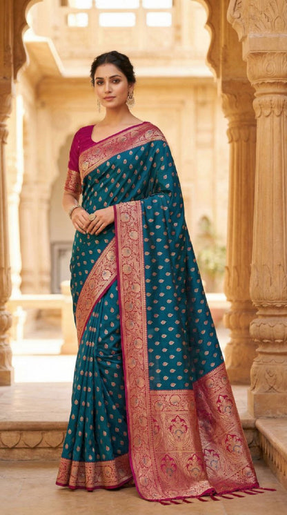 Mameraa Sarees Teal Blue Soft Banarasi Silk Saree With Zari Weaving Meenakari Design-Teal