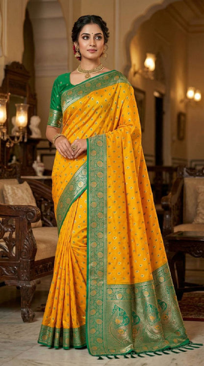 Mameraa Sarees Yellow Soft Banarasi Silk Saree With Zari Weaving Meenakari Design-Yellow