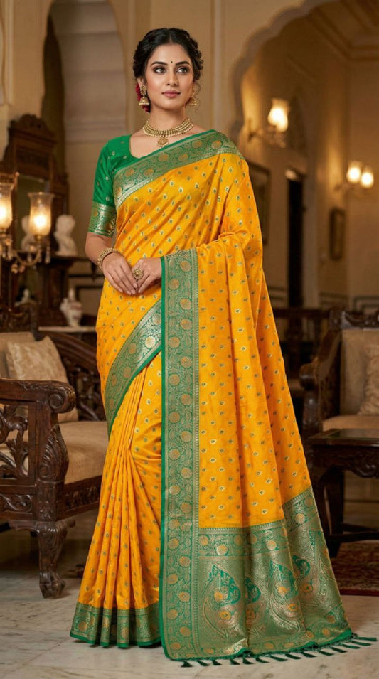 Mameraa Sarees Yellow Soft Banarasi Silk Saree With Zari Weaving Meenakari Design-Yellow