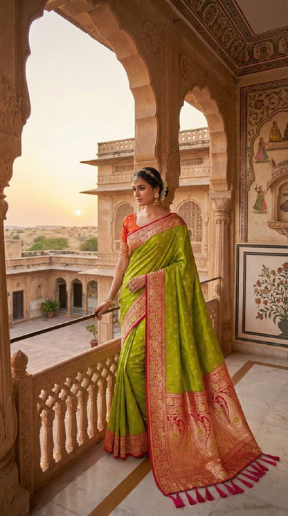 Mameraa Sarees Parrot Green Soft Banarasi Silk Saree With Zari Weaving Meenakari Design-Parrot_Green