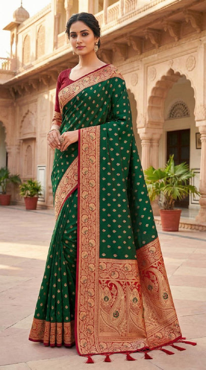 Mameraa Sarees Green Soft Banarasi Silk Saree With Zari Weaving Meenakari Design-Green