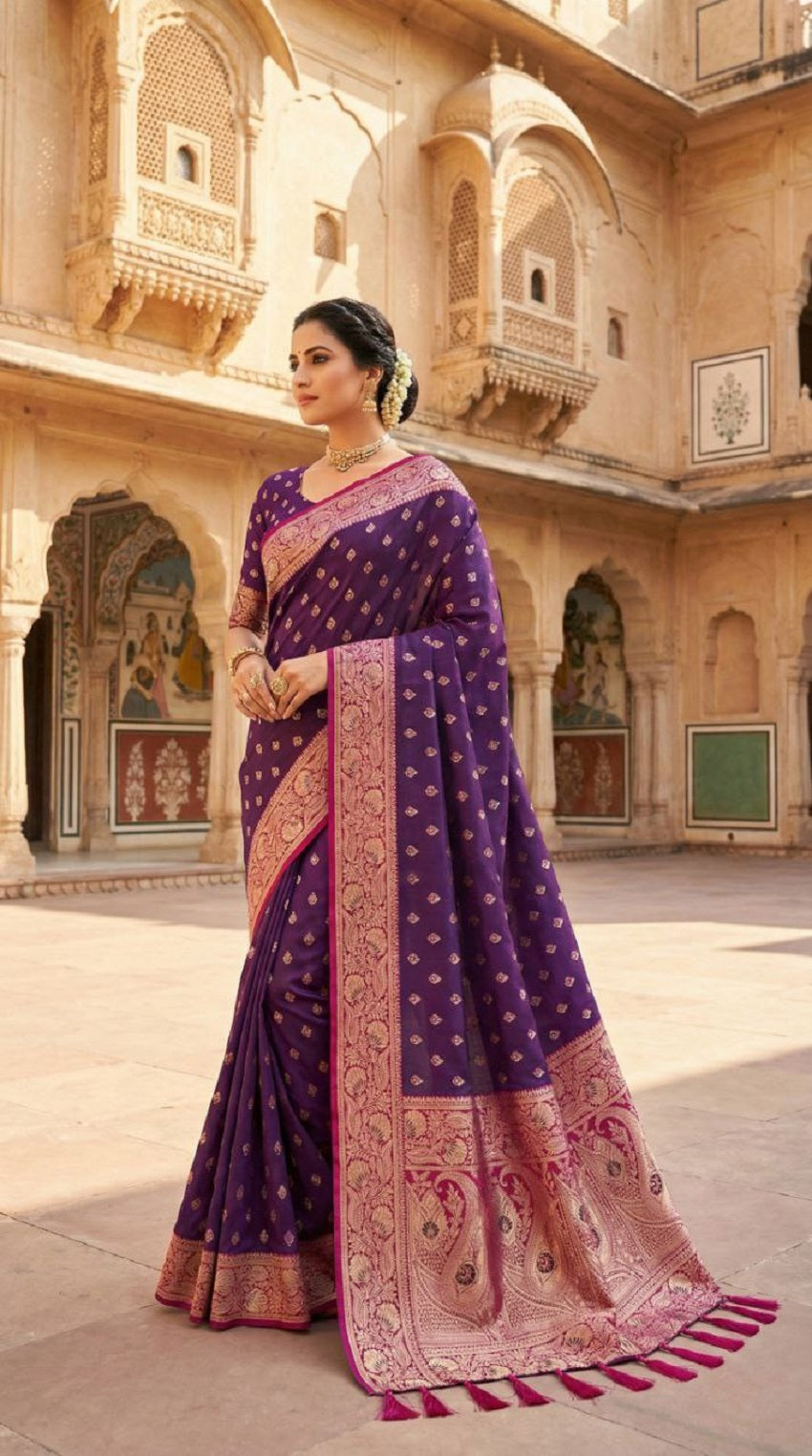 Mameraa Sarees Wine Soft Banarasi Silk Saree With Zari Weaving Meenakari Design-Wine