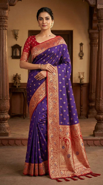 Mameraa Sarees Violet Soft Banarasi Silk Saree With Zari Weaving Meenakari Design-Violet