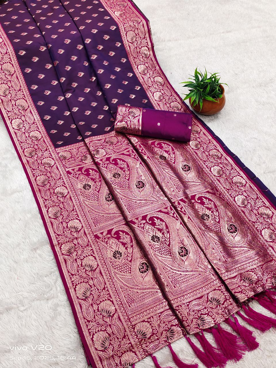Mameraa Sarees Wine Soft Banarasi Silk Saree With Zari Weaving Meenakari Design-Wine