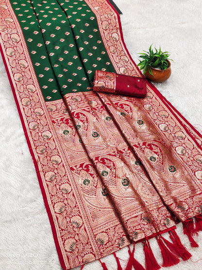 Mameraa Sarees Green Soft Banarasi Silk Saree With Zari Weaving Meenakari Design-Green