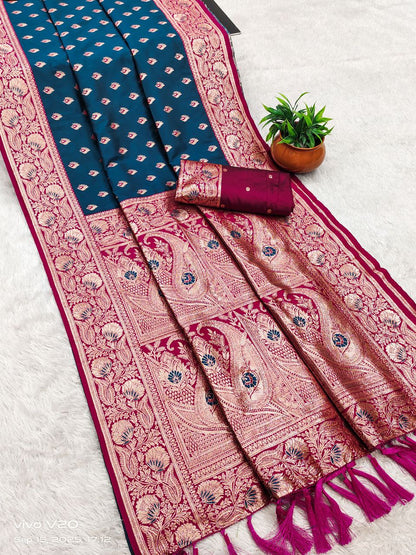 Mameraa Sarees Teal Blue Soft Banarasi Silk Saree With Zari Weaving Meenakari Design-Teal