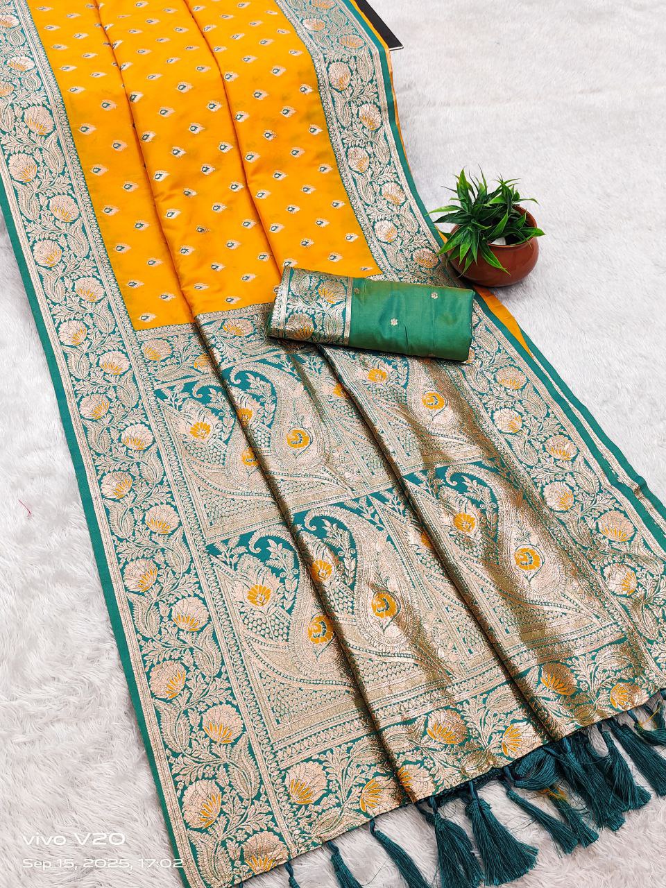 Mameraa Sarees Yellow Soft Banarasi Silk Saree With Zari Weaving Meenakari Design-Yellow