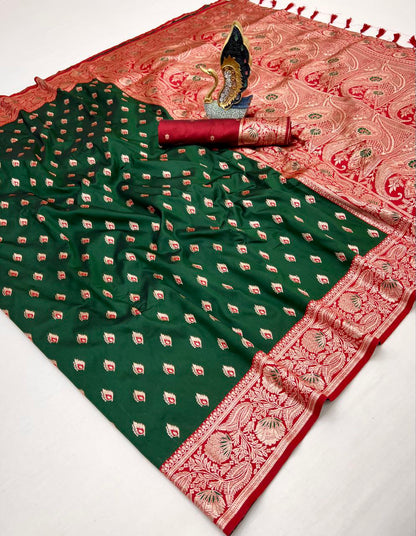 Mameraa Sarees Green Soft Banarasi Silk Saree With Zari Weaving Meenakari Design-Green