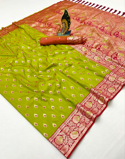 Mameraa Sarees Parrot Green Soft Banarasi Silk Saree With Zari Weaving Meenakari Design-Parrot_Green