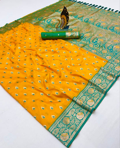 Mameraa Sarees Yellow Soft Banarasi Silk Saree With Zari Weaving Meenakari Design-Yellow