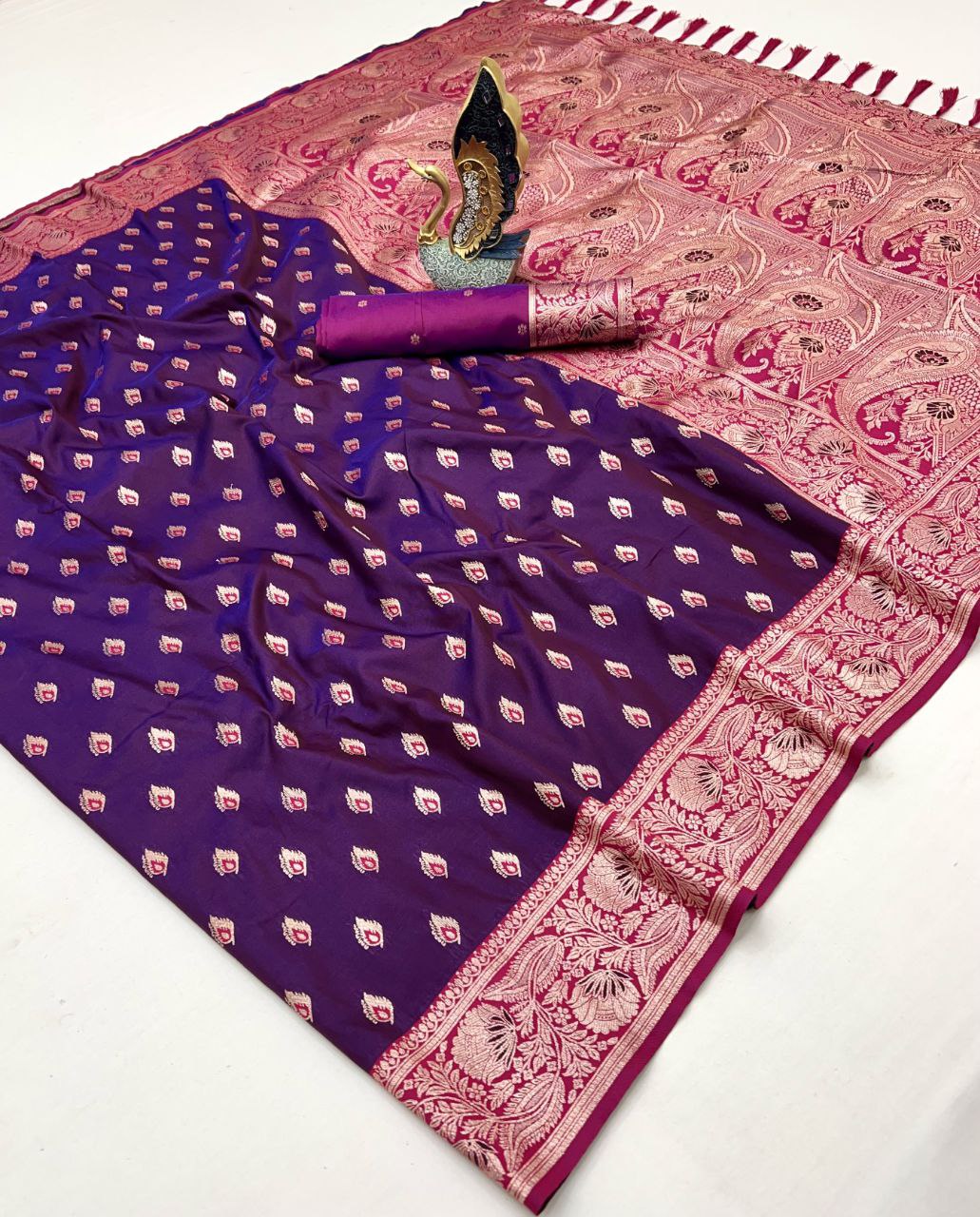 Mameraa Sarees Wine Soft Banarasi Silk Saree With Zari Weaving Meenakari Design-Wine
