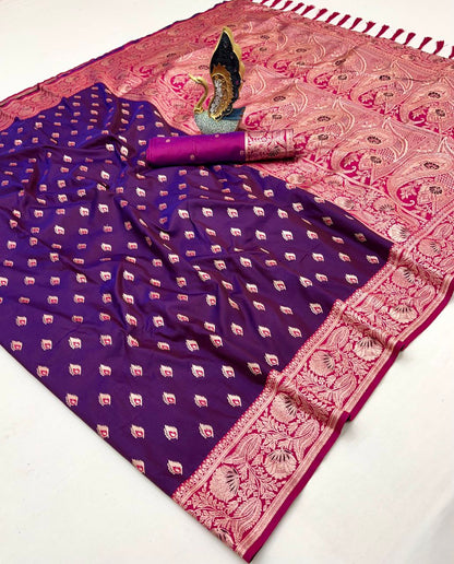 Mameraa Sarees Wine Soft Banarasi Silk Saree With Zari Weaving Meenakari Design-Wine