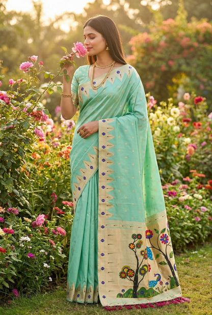 Mameraa Sarees Sea Green Faux Banarasi Silk Saree With Paithani Rich Weaved Pallu And Blouse-Sea_Green