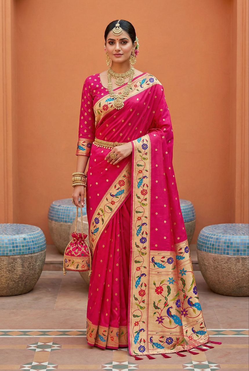 Mameraa Sarees Pink Faux Banarasi Silk Saree With Paithani Rich Weaved Pallu And Blouse-Pink
