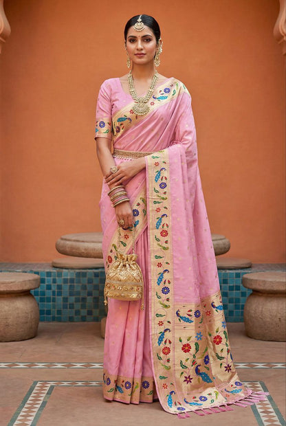 Mameraa Sarees Baby Pink Faux Banarasi Silk Saree With Paithani Rich Weaved Pallu And Blouse-Baby_Pink