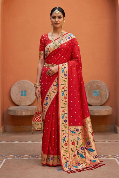 Mameraa Sarees Red Faux Banarasi Silk Saree With Paithani Rich Weaved Pallu And Blouse-Red