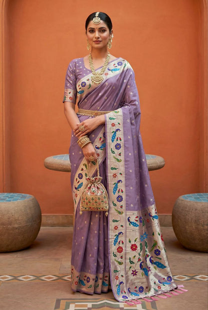 Mameraa Sarees Lavender Faux Banarasi Silk Saree With Paithani Rich Weaved Pallu And Blouse-Lavender