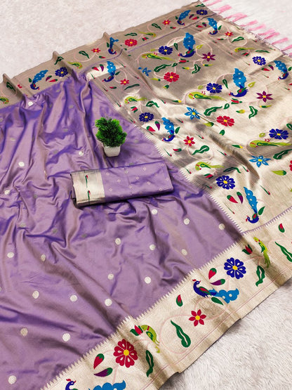 Mameraa Sarees Lavender Faux Banarasi Silk Saree With Paithani Rich Weaved Pallu And Blouse-Lavender
