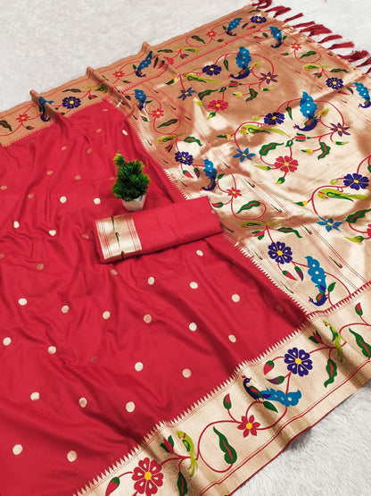 Mameraa Sarees Red Faux Banarasi Silk Saree With Paithani Rich Weaved Pallu And Blouse-Red