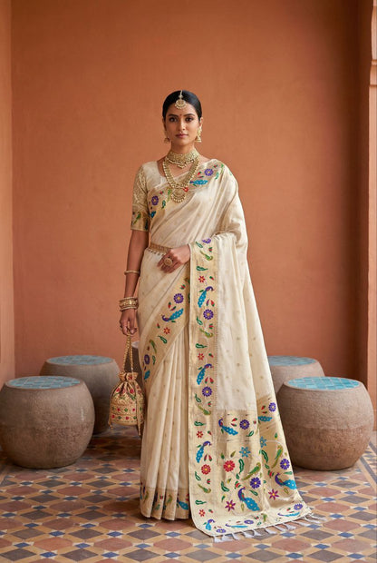 Mameraa Sarees Off White Faux Banarasi Silk Saree With Paithani Rich Weaved Pallu And Blouse-White