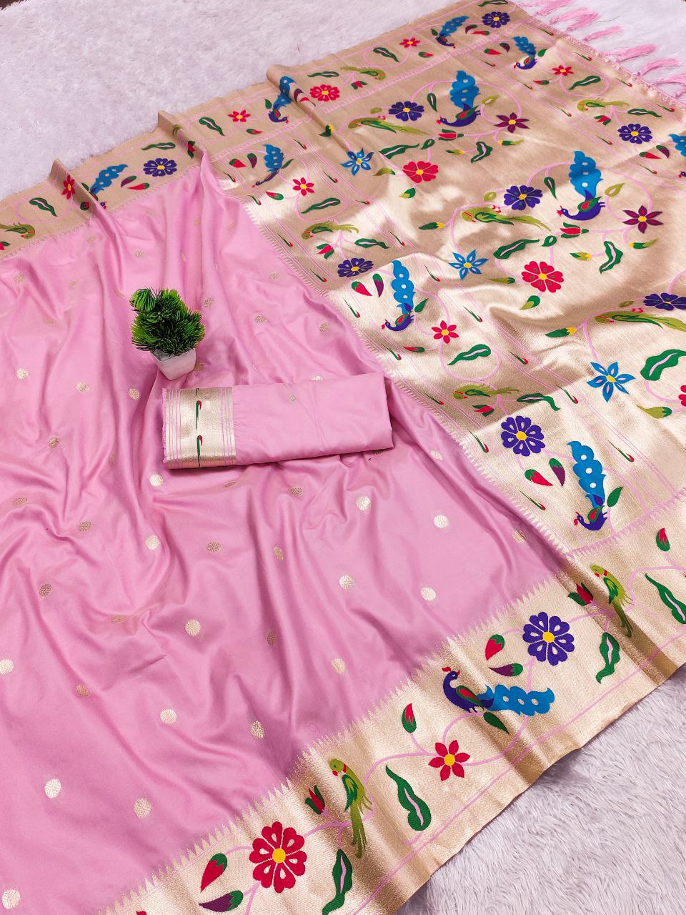 Mameraa Sarees Baby Pink Faux Banarasi Silk Saree With Paithani Rich Weaved Pallu And Blouse-Baby_Pink