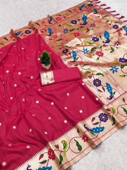 Mameraa Sarees Pink Faux Banarasi Silk Saree With Paithani Rich Weaved Pallu And Blouse-Pink