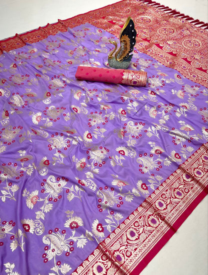 Mameraa Sarees Lavender Soft Silk Blend Saree With Zari Weaving Meenakari Design-Lavender