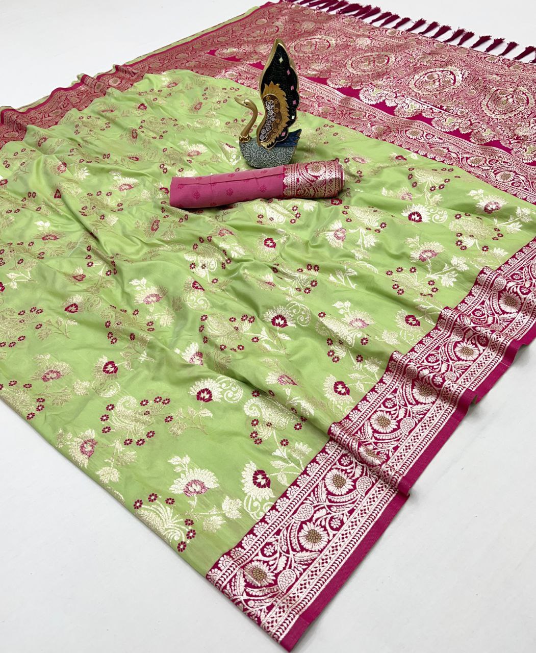 Mameraa Sarees Pear Soft Silk Blend Saree With Zari Weaving Meenakari Design-Pear
