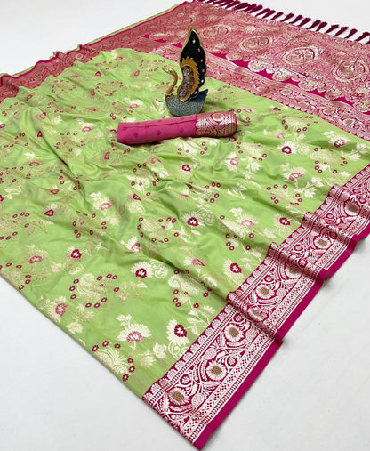 Mameraa Sarees Pear Soft Silk Blend Saree With Zari Weaving Meenakari Design-Pear