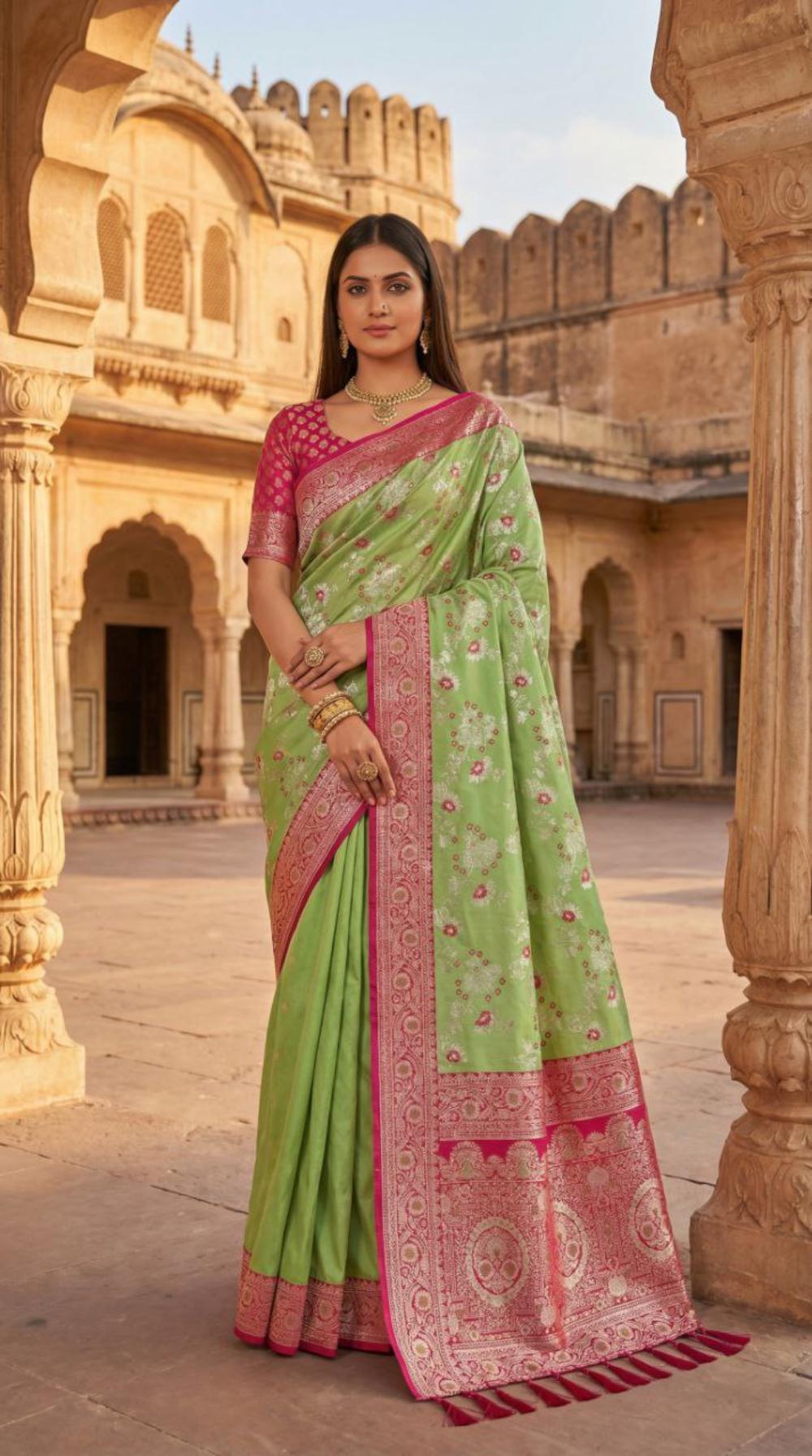 Mameraa Sarees Pear Soft Silk Blend Saree With Zari Weaving Meenakari Design-Pear