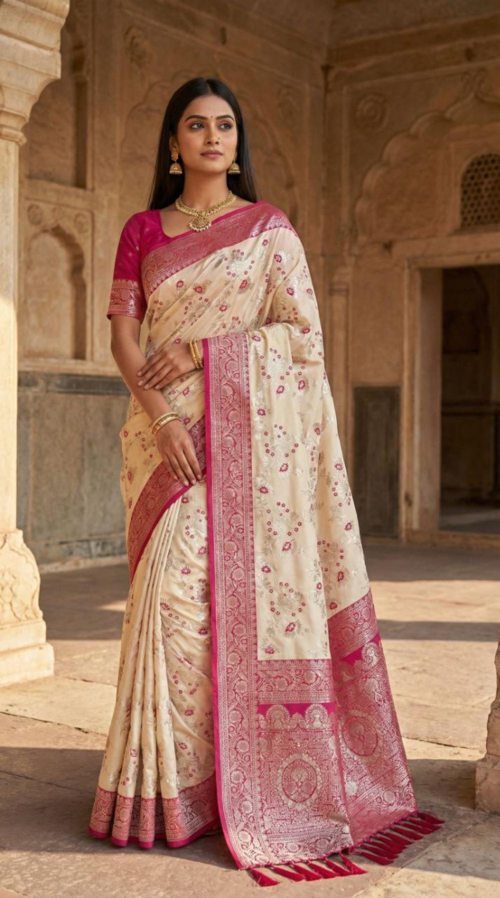 Mameraa Sarees White Soft Silk Blend Saree With Zari Weaving Meenakari Design-White