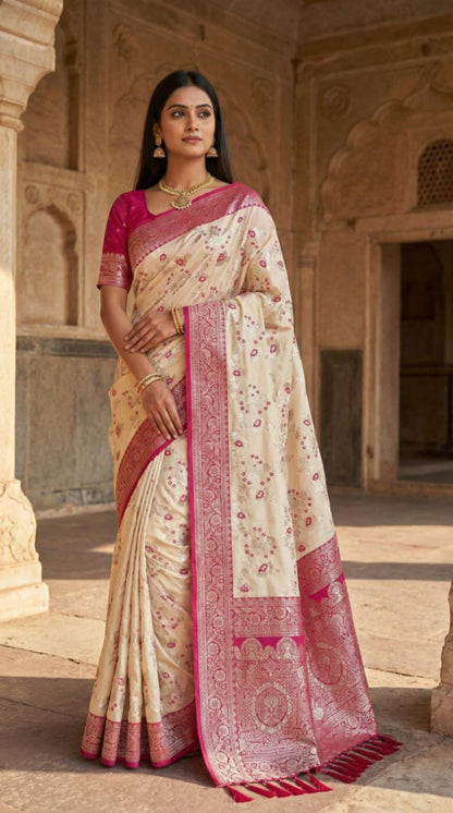 Mameraa Sarees White Soft Silk Blend Saree With Zari Weaving Meenakari Design-White