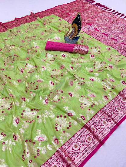 Mameraa Sarees Pear Soft Silk Blend Saree With Zari Weaving Meenakari Design-Pear