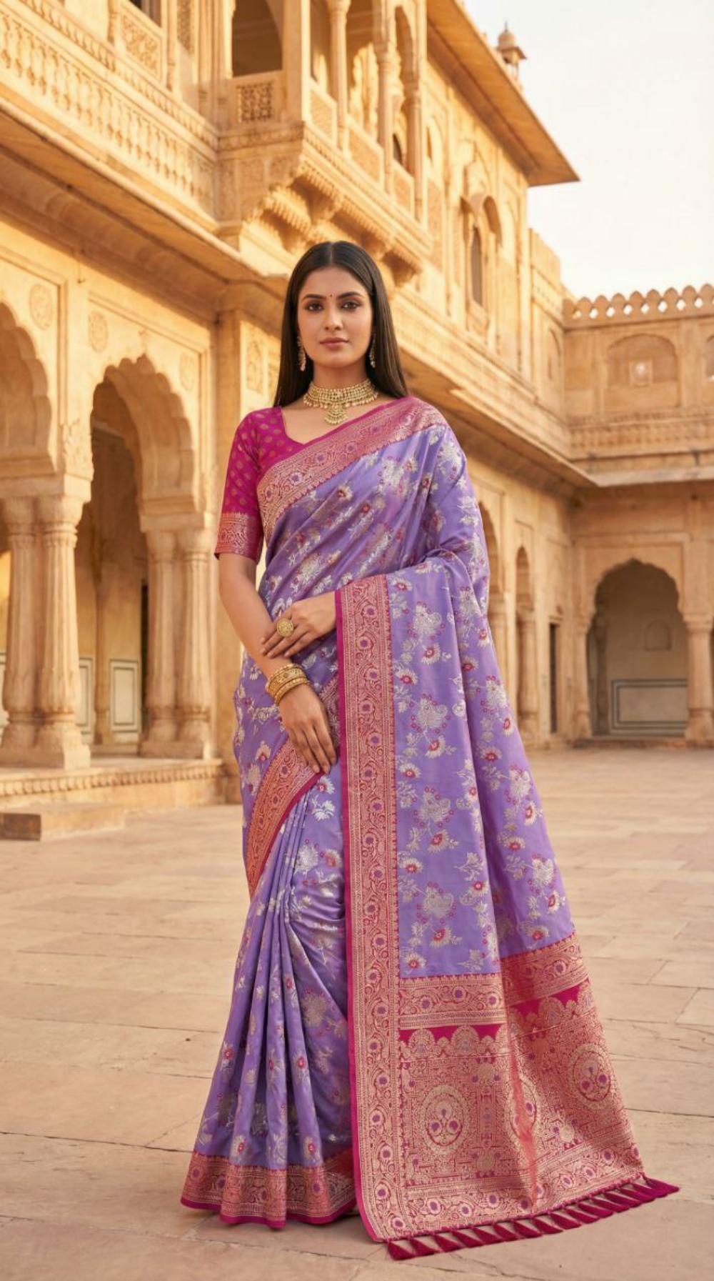 Mameraa Sarees Lavender Soft Silk Blend Saree With Zari Weaving Meenakari Design-Lavender